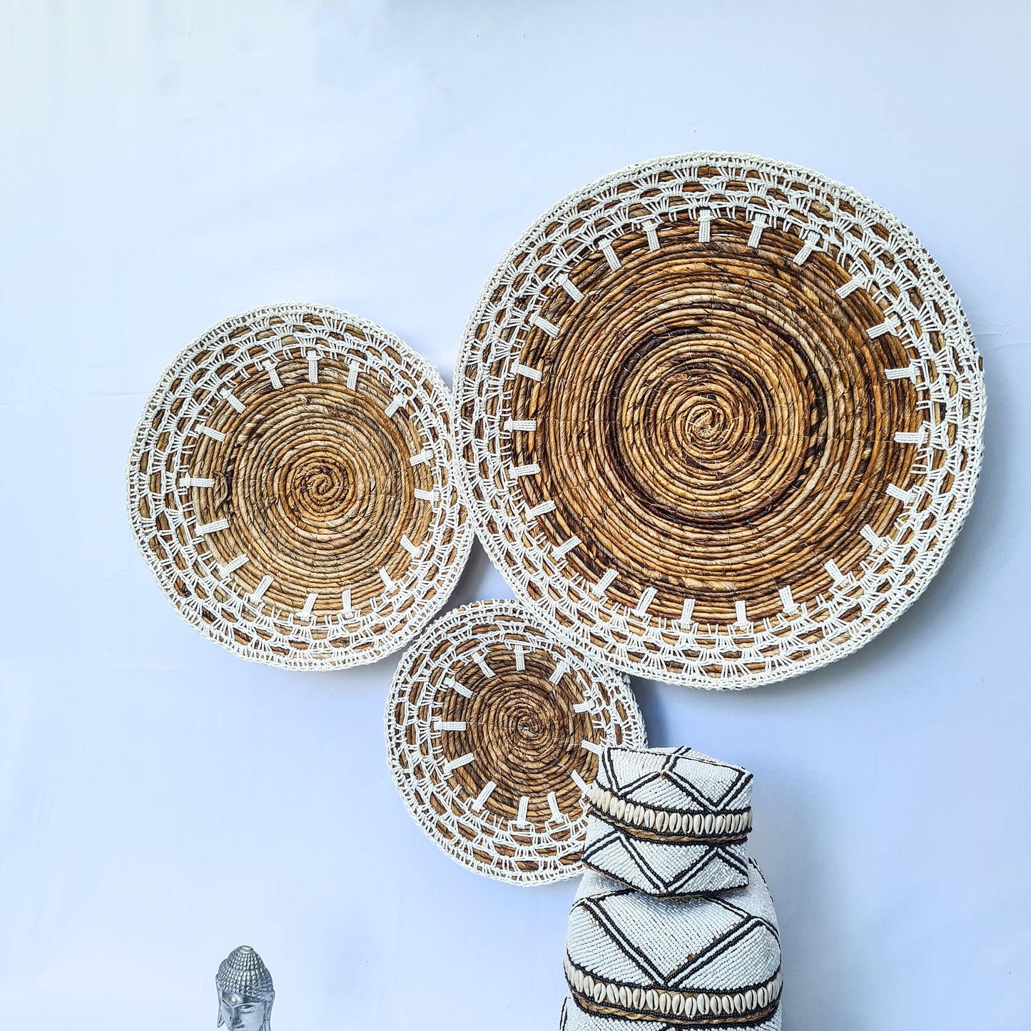 Wall decor plates Set 30 40 50cm banana tree leaf + macrame | wall basket decoration installation hangings boho wicker organic eco decor