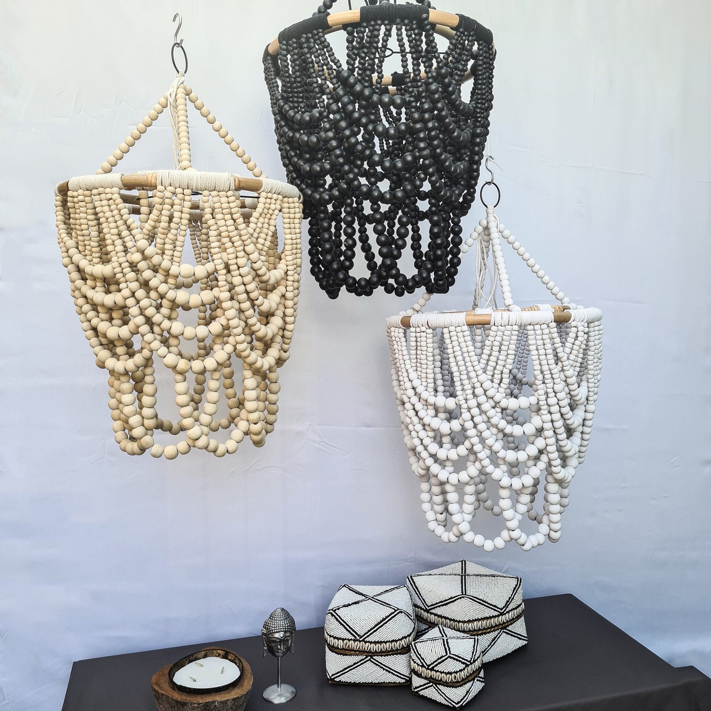Pendant lampshade 40x65cm "Diana" | beaded chandelier wooden rattan ring lamp shade beads lighting eco decor interior items boho