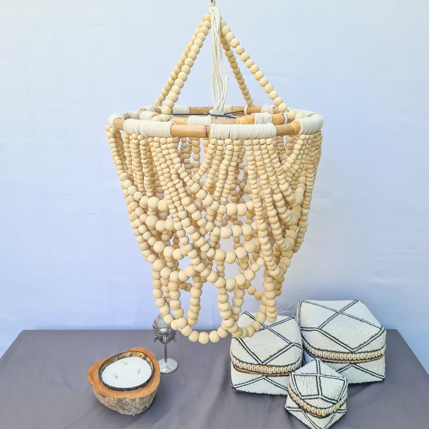 Pendant lampshade "Diana" 40x65cm clear | beaded chandelier wooden lamp shade beads rattan ring lighting eco decor interior items boho