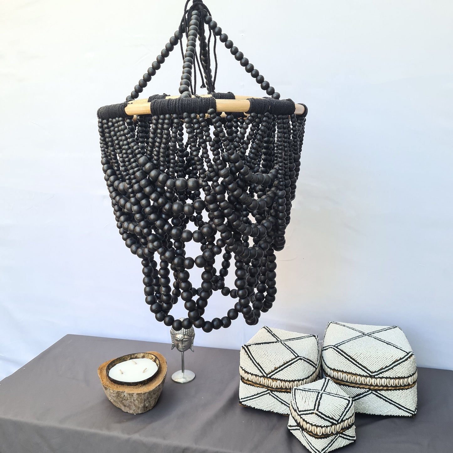 Beaded lampshade "Diana" 40x65cm black | pendant chandelier wooden rattan ring lamp shade beads lighting eco decor interior items boho