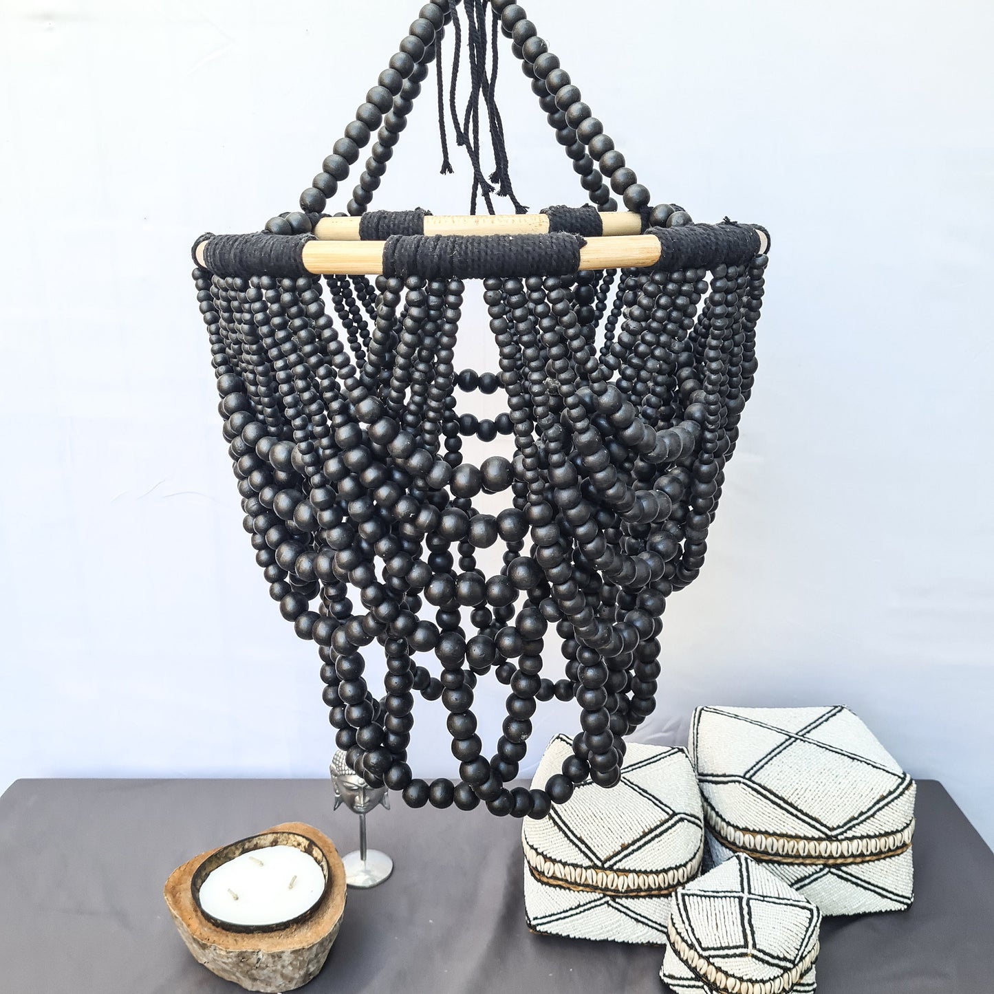 Beaded lampshade "Diana" 40x65cm black | pendant chandelier wooden rattan ring lamp shade beads lighting eco decor interior items boho