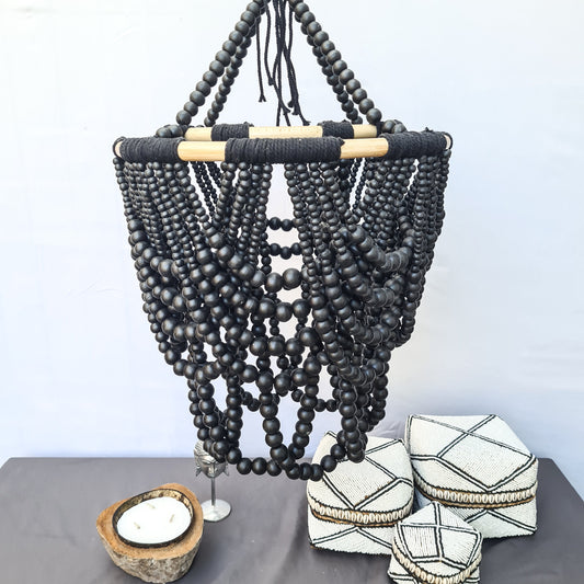 Beaded lampshade "Diana" 40x65cm black | pendant chandelier wooden rattan ring lamp shade beads lighting eco decor interior items boho