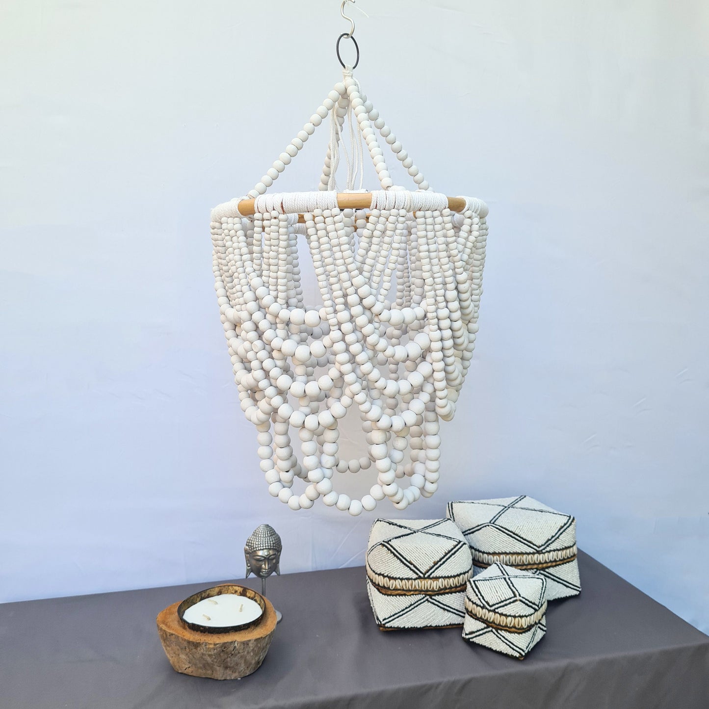 Pendant lampshade "Diana" 40x65cm white | beaded chandelier wooden rattan ring lamp shade beads lighting eco decor interior items boho