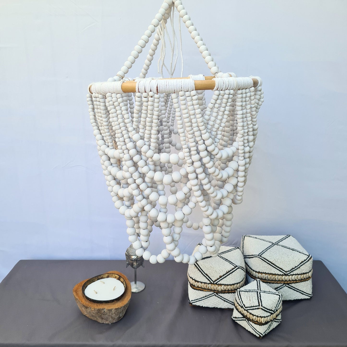 Pendant lampshade "Diana" 40x65cm white | beaded chandelier wooden rattan ring lamp shade beads lighting eco decor interior items boho