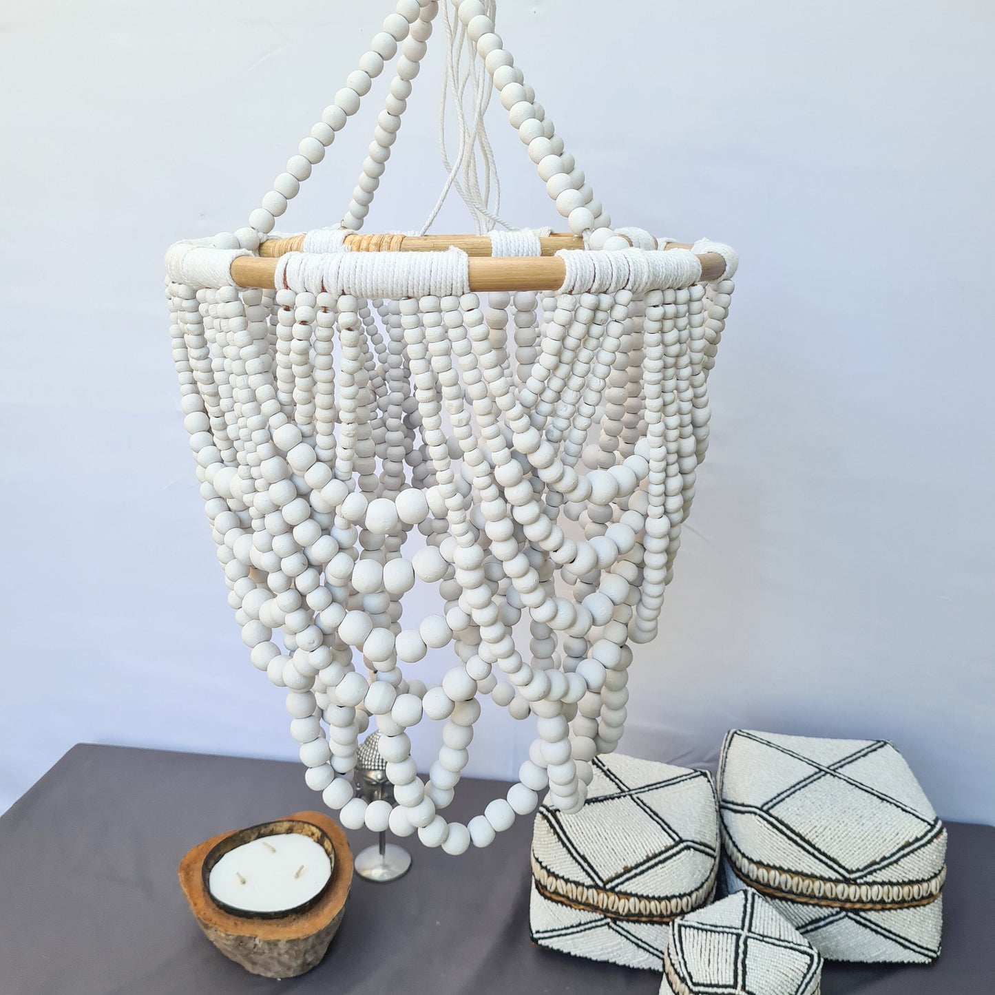 Pendant lampshade "Diana" 40x65cm white | beaded chandelier wooden rattan ring lamp shade beads lighting eco decor interior items boho