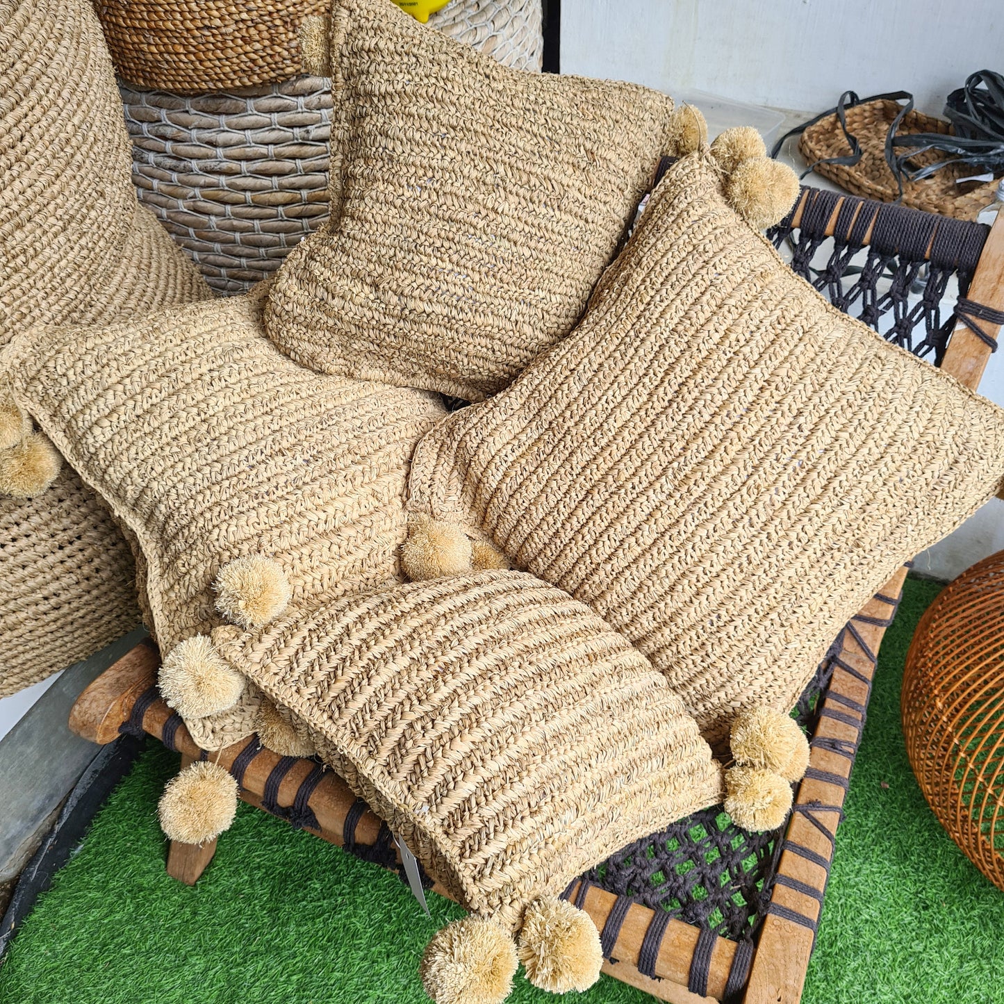 Pillowcase hand made from palm rafia eco pillowslip organic material bali decor pillow
