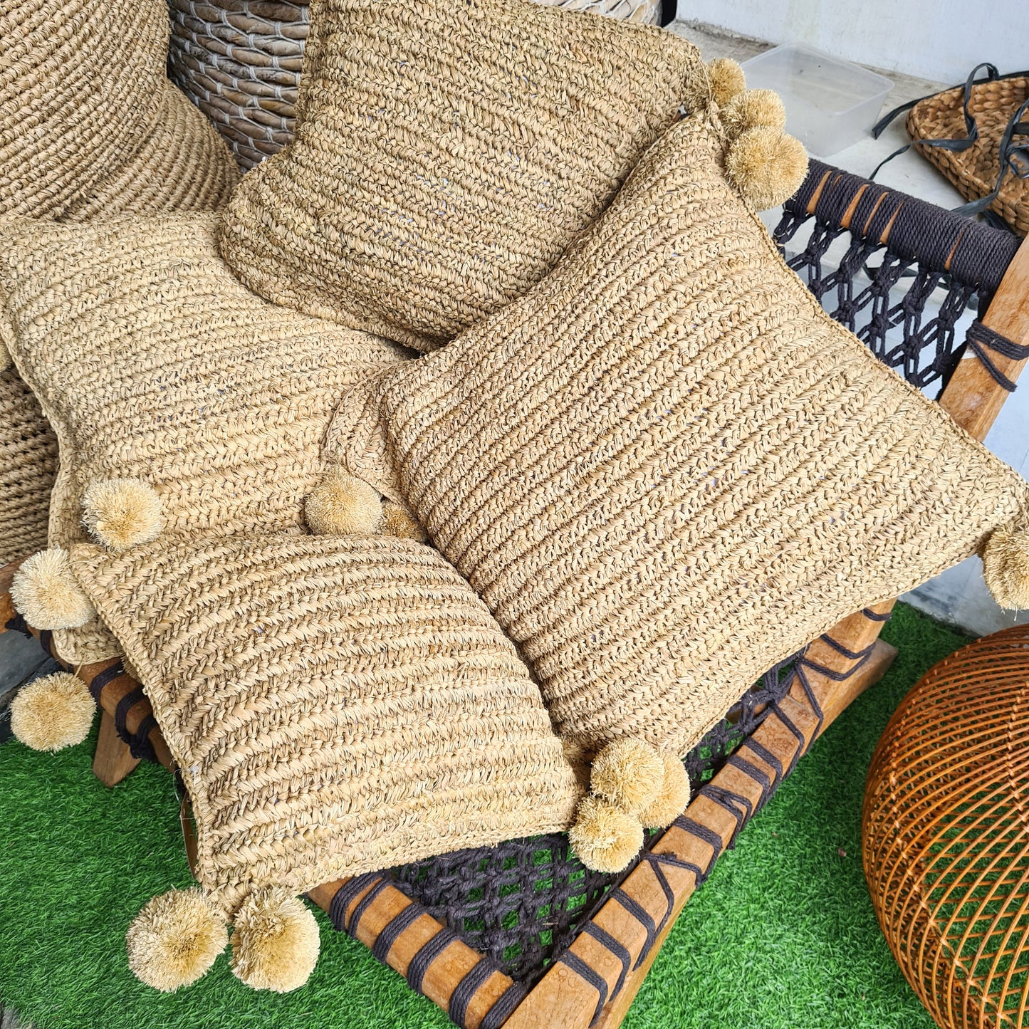 Pillowcase hand made from palm rafia eco pillowslip organic material bali decor pillow