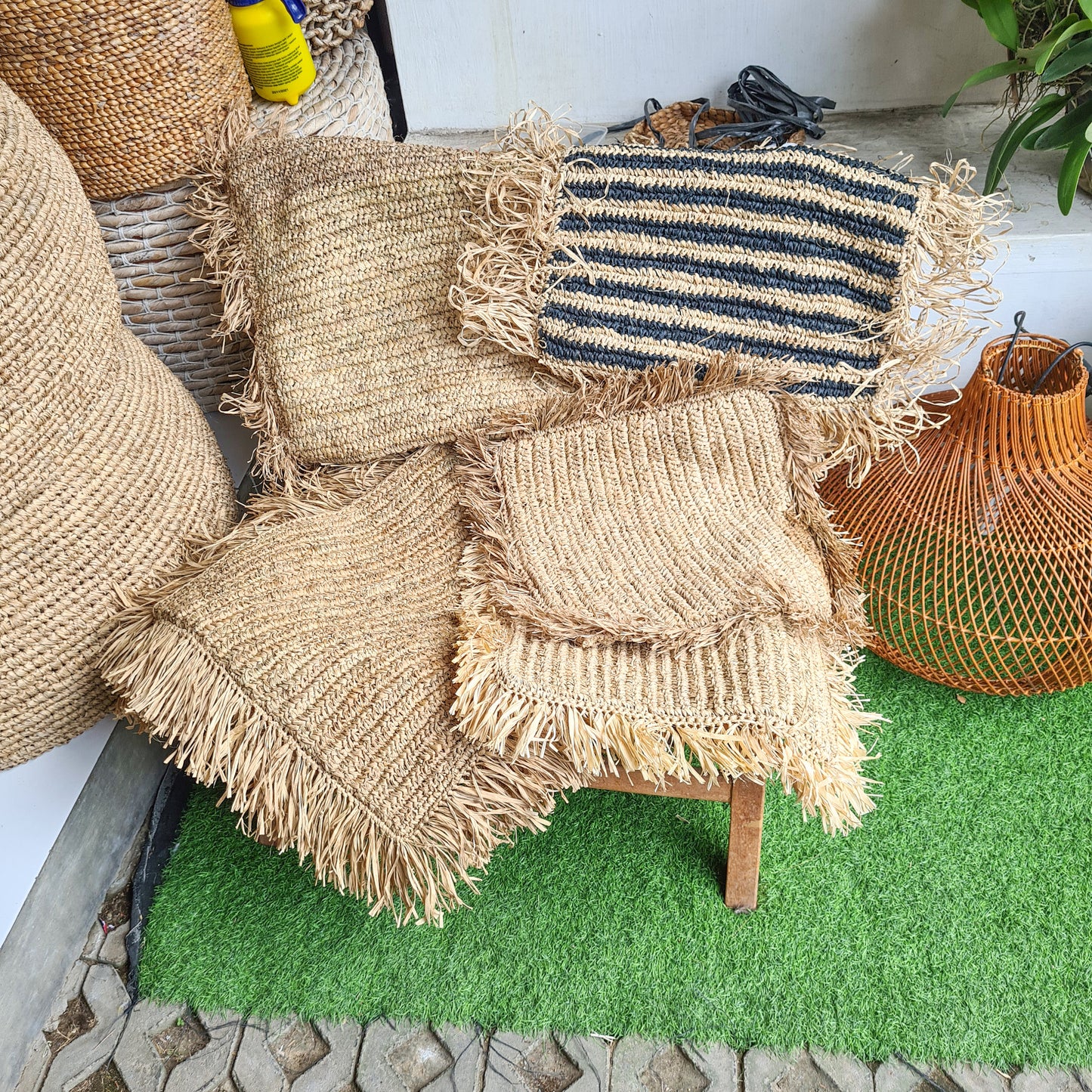 Eco pillowcase hand made from palm rafia pillowslip organic material pillow bali decor