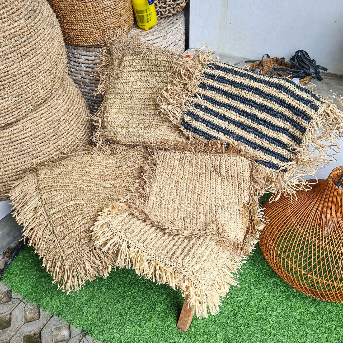 Eco pillowcase hand made from palm rafia pillowslip organic material pillow bali decor