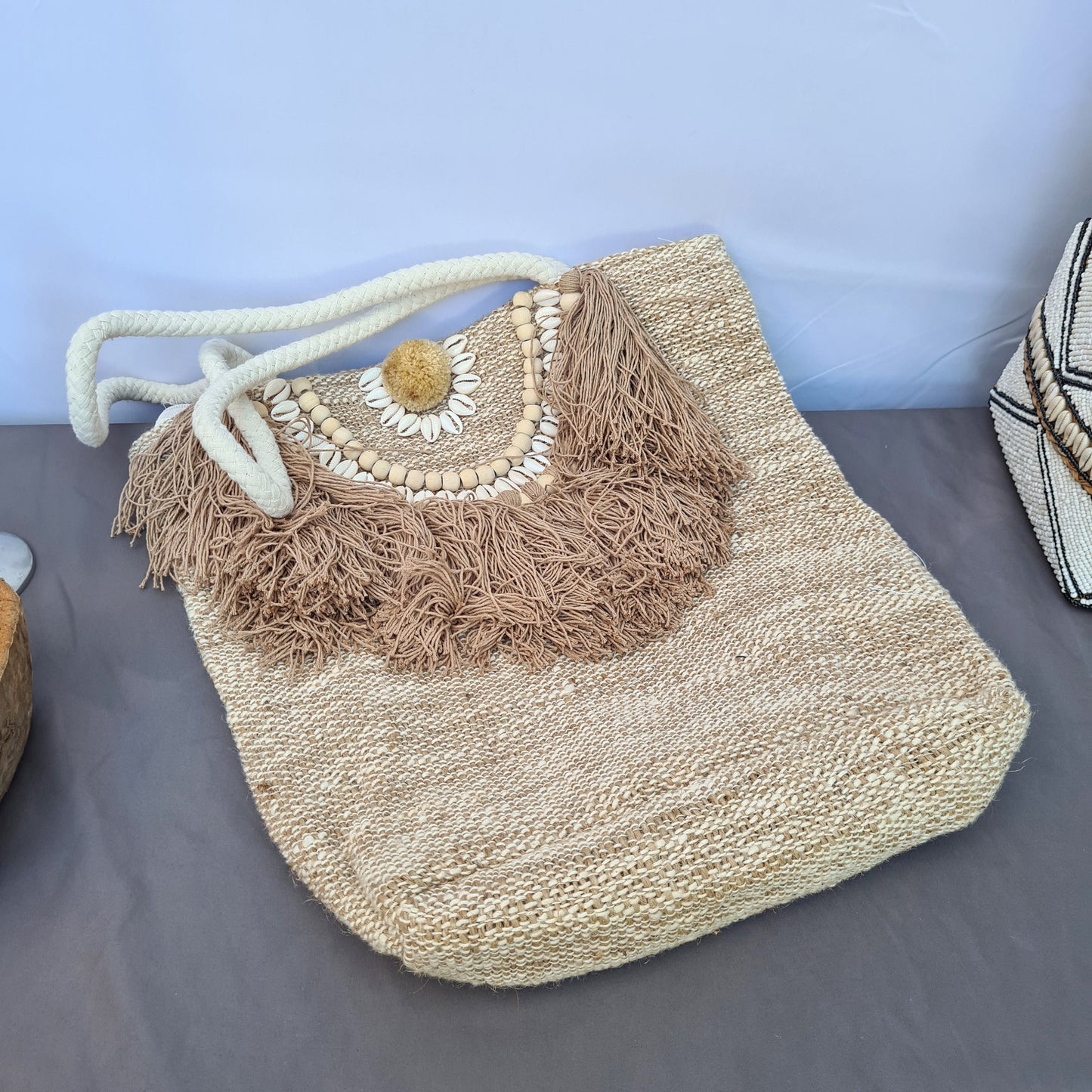 Linen wicker bag 40x38cm bali summer beach bag | handbag shoulder bag hand basket woven bag purse case pouch satchel sac