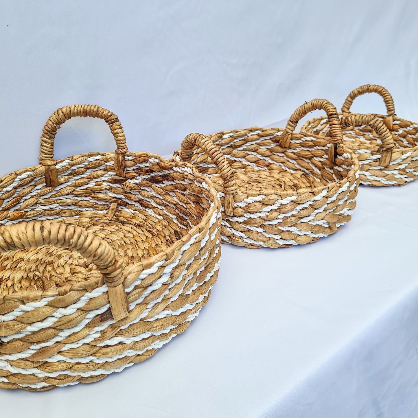 Eco wicker baskets set of 3 | white striped water hyacinth basket for decoration home pad woven interior items