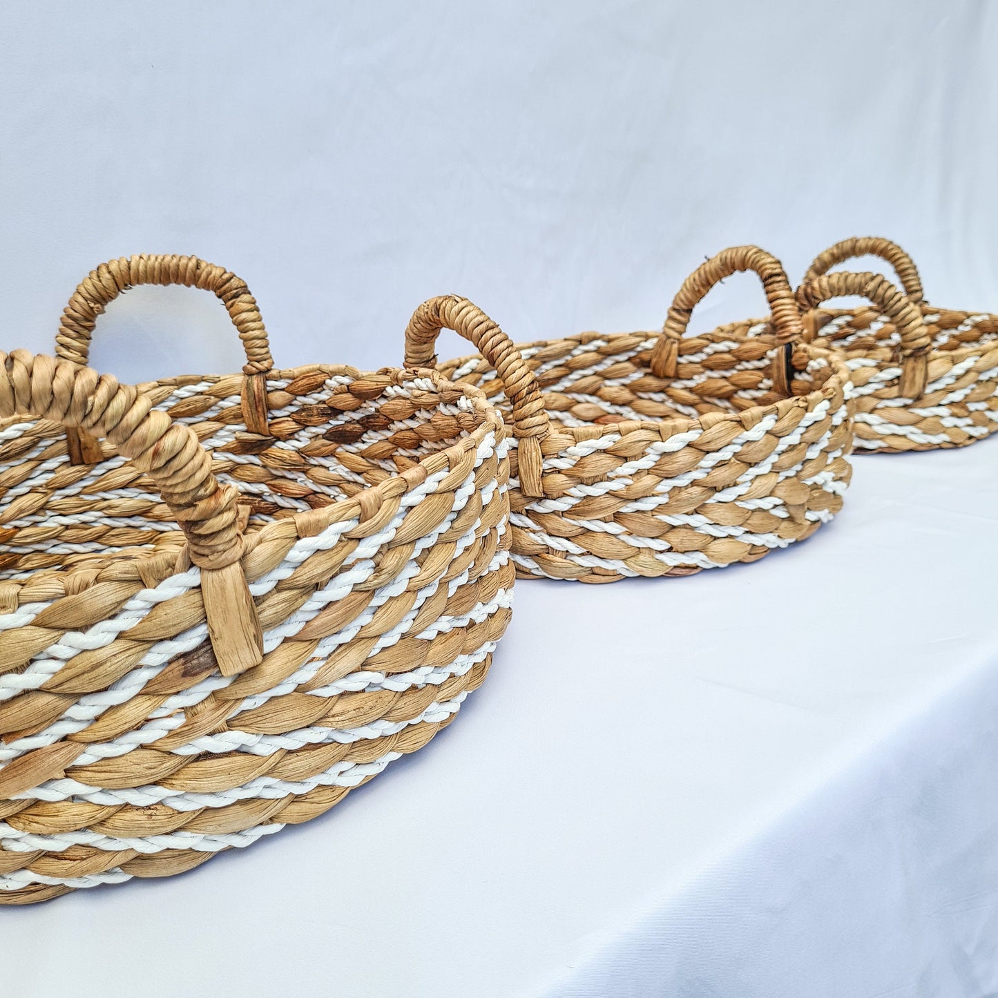 Eco wicker baskets set of 3 | white striped water hyacinth basket for decoration home pad woven interior items