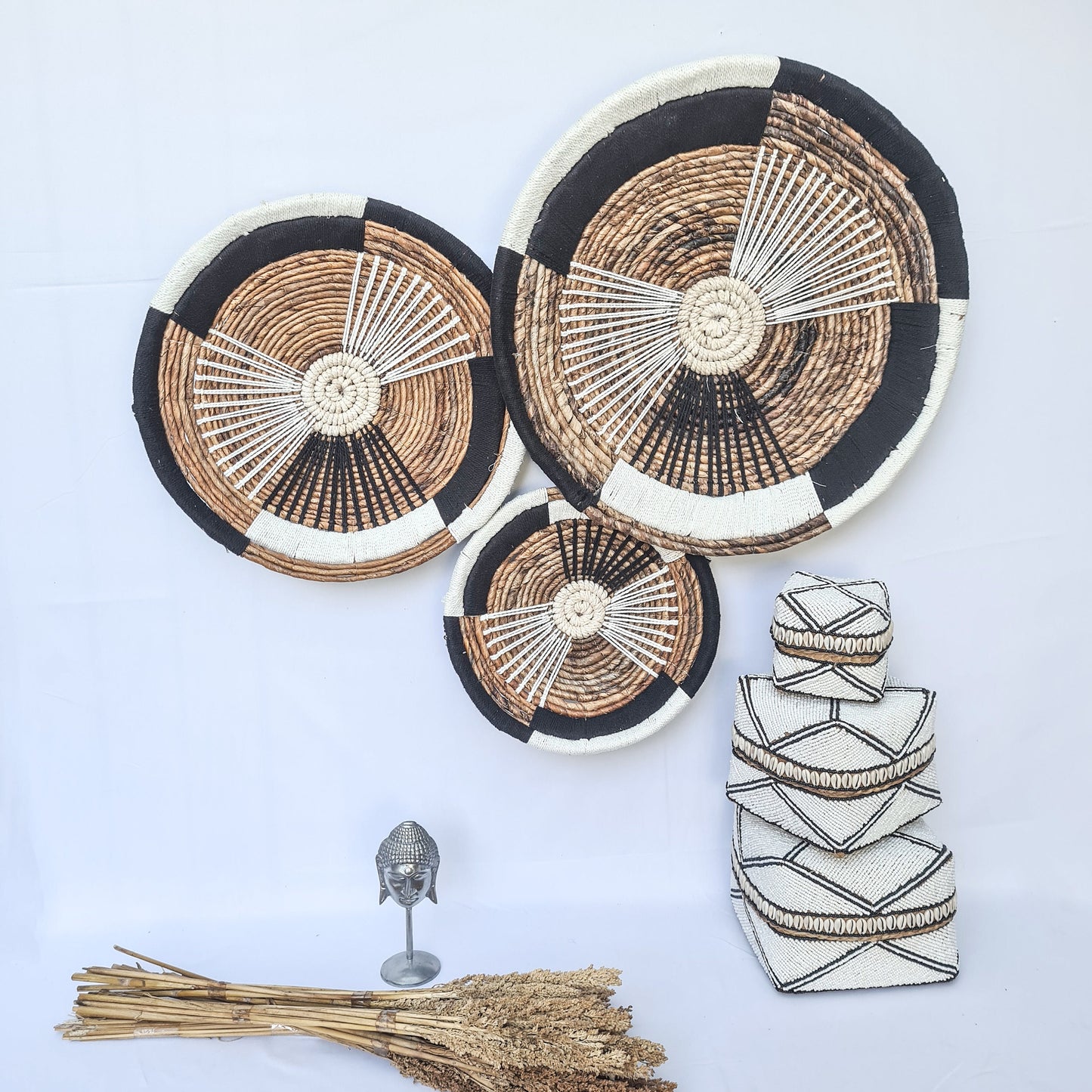 Wall decor basket 30 40 50cm | wall decoration banana leaf white + black macrame boho wicker organic decor wall plates installation hangings