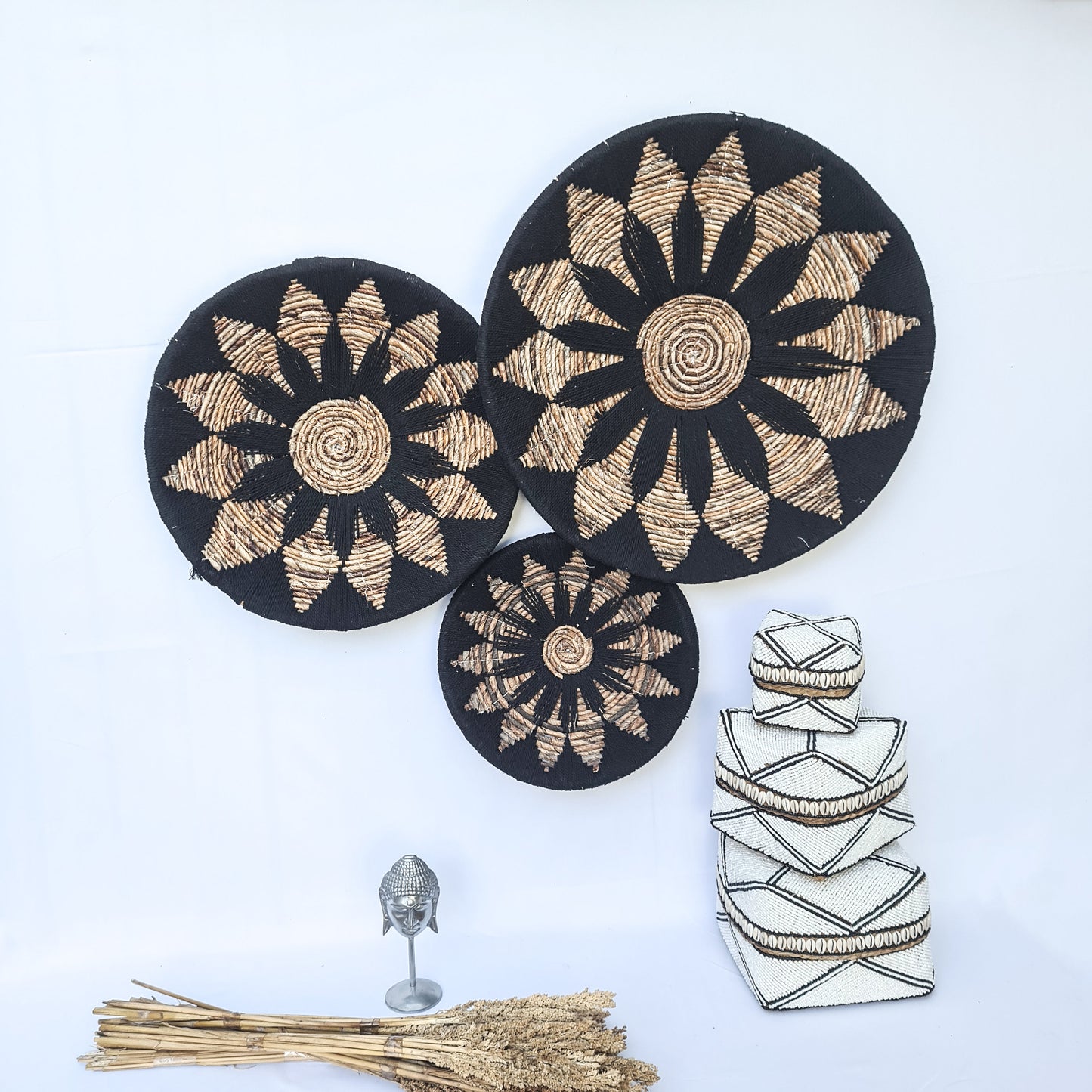 Wall decor basket 30 40 50cm black macrame | banana leaf wall decoration boho wicker organic decor wall plates installation hangings