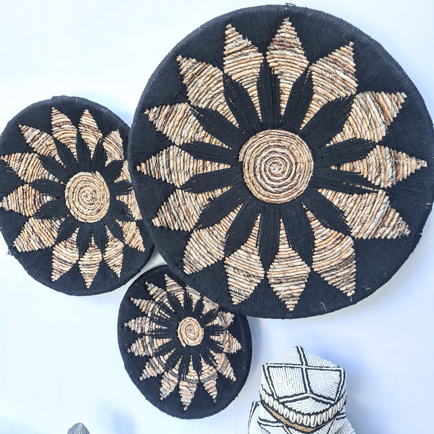 Wall decor basket 30 40 50cm black macrame | banana leaf wall decoration boho wicker organic decor wall plates installation hangings