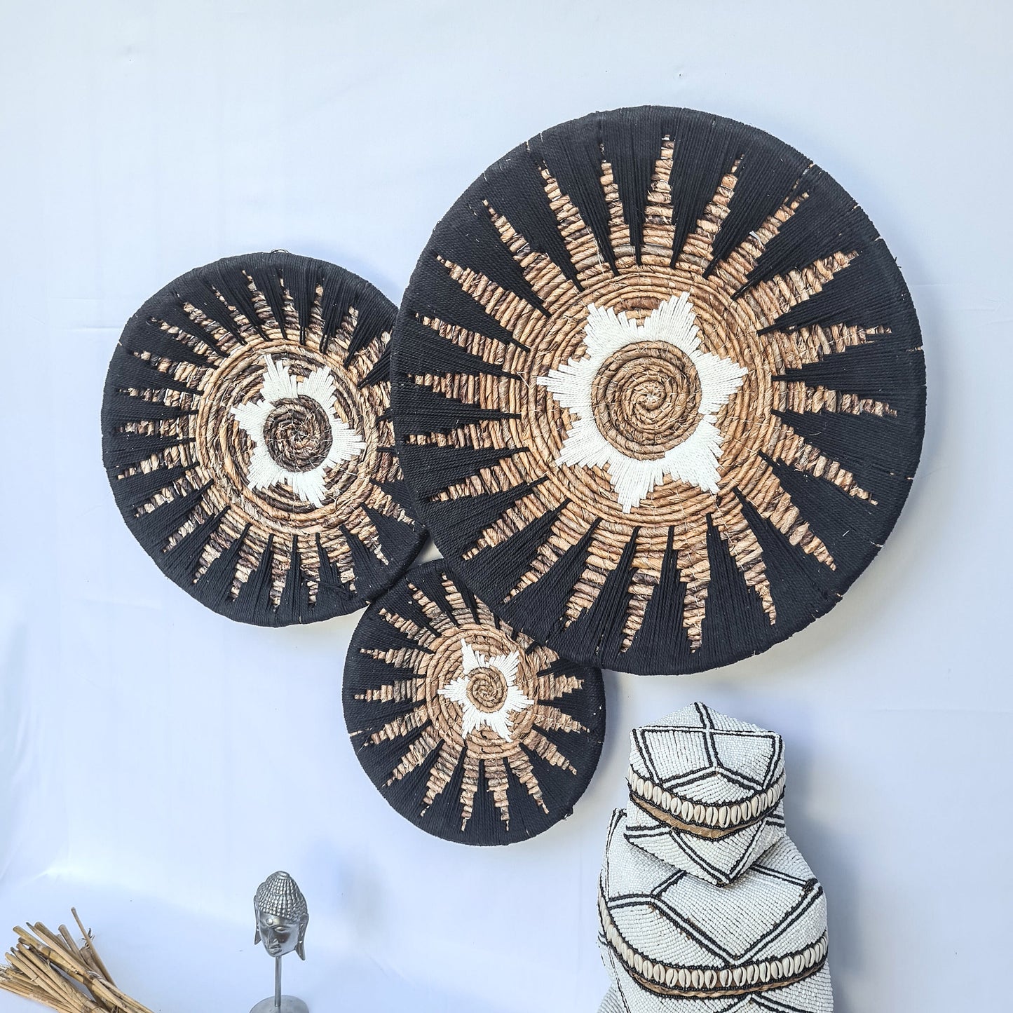 Wall decor basket 30 40 50cm white + black macrame | boho wicker banana leaf wall decoration organic decor wall plates installation hangings