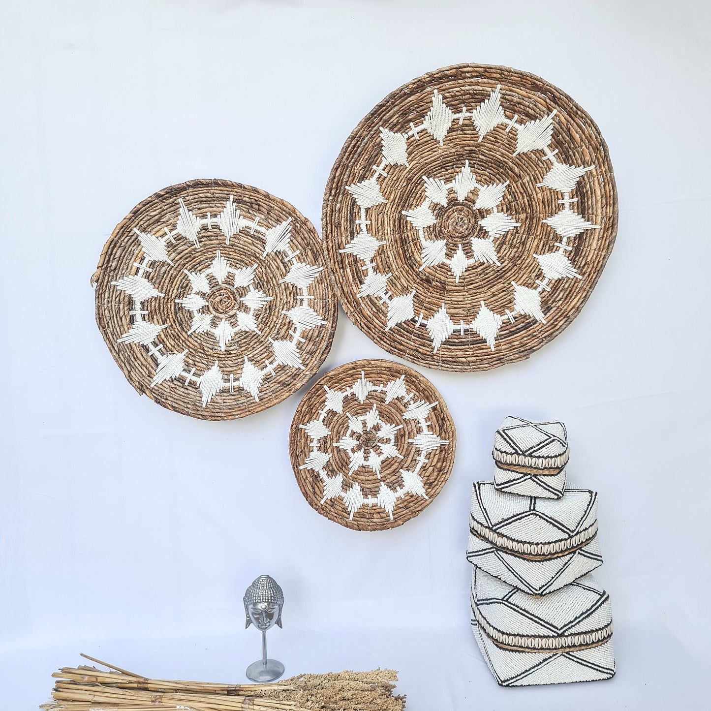 Wall decor basket 30 40 50cm white macrame | wall plates installation wall decoration hangings boho wicker banana leaf organic decor