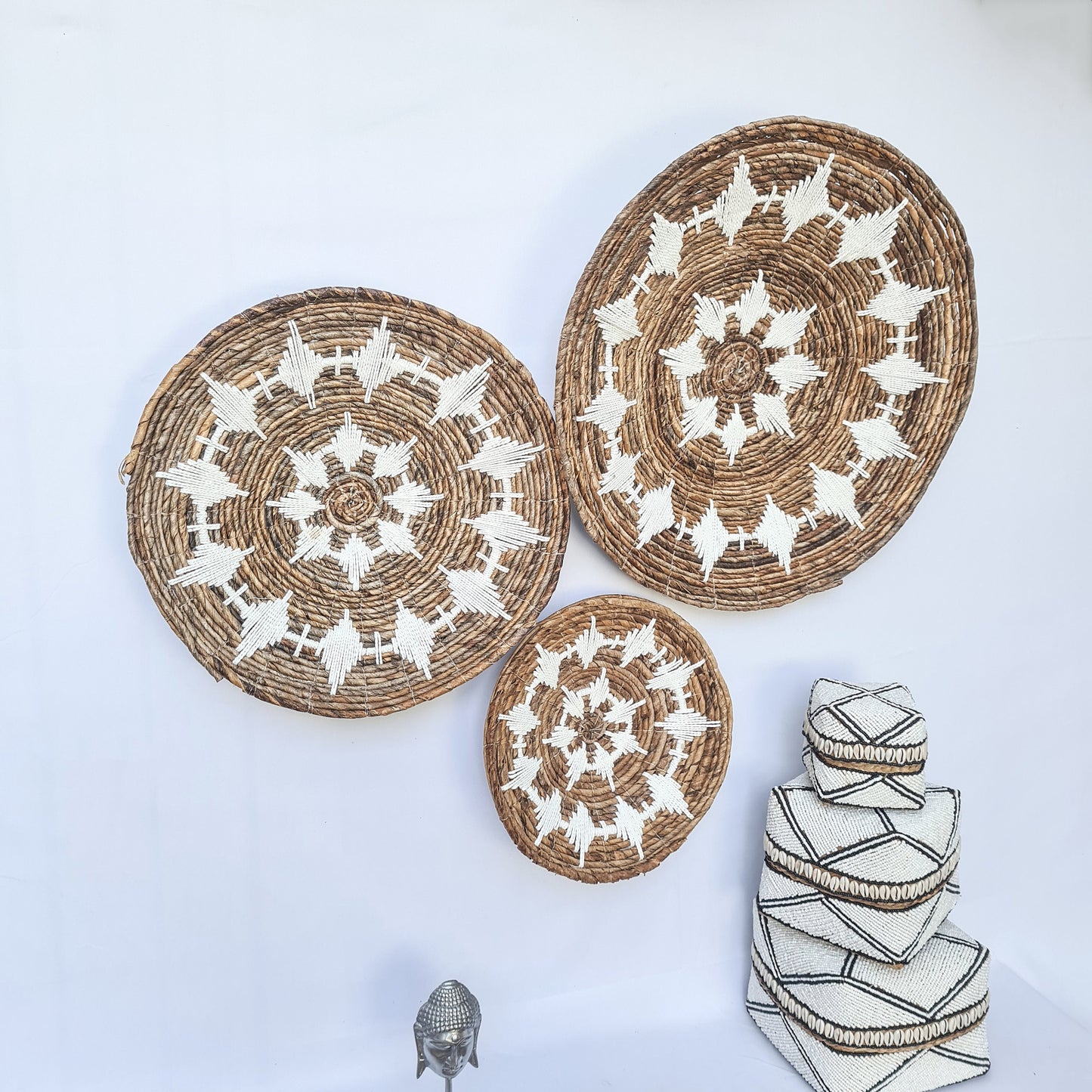 Wall decor basket 30 40 50cm white macrame | wall plates installation wall decoration hangings boho wicker banana leaf organic decor