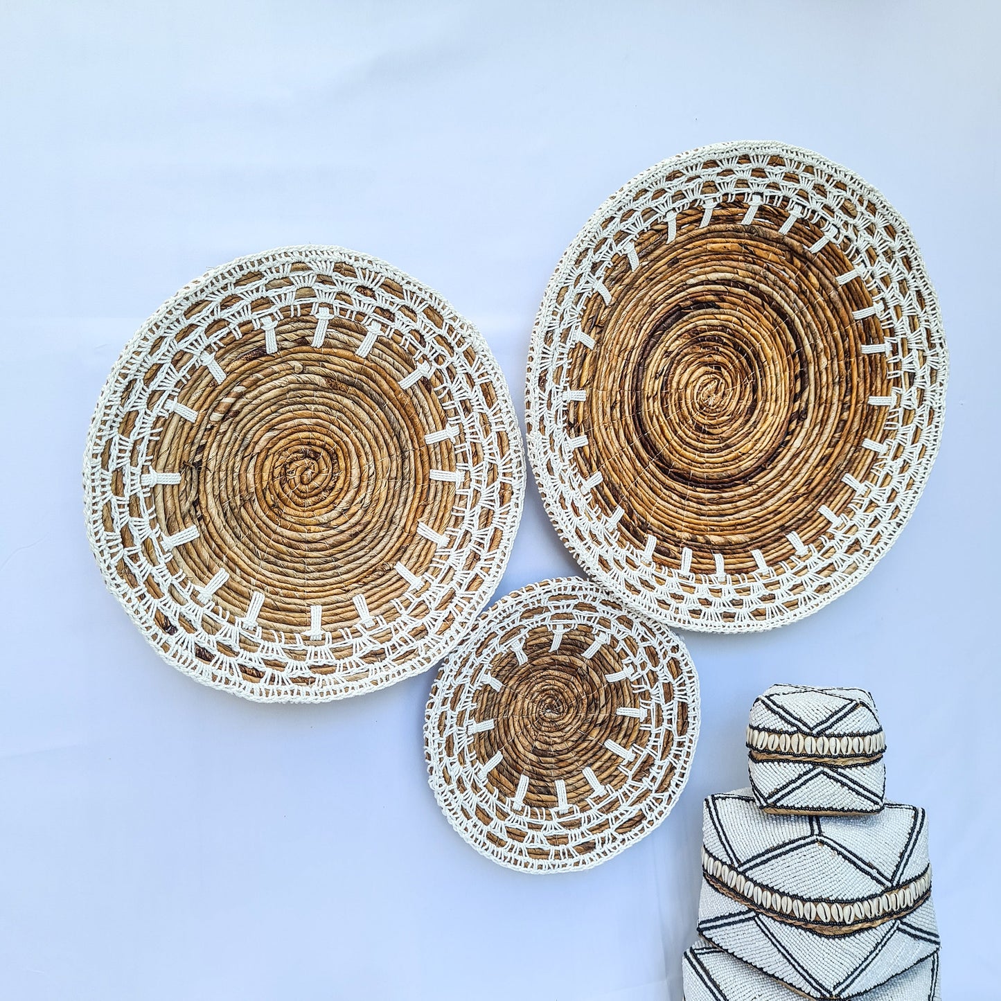 Wall decor basket 30 40 50cm white macrame | wall decoration wall plates installation hangings boho wicker banana leaf organic eco decor