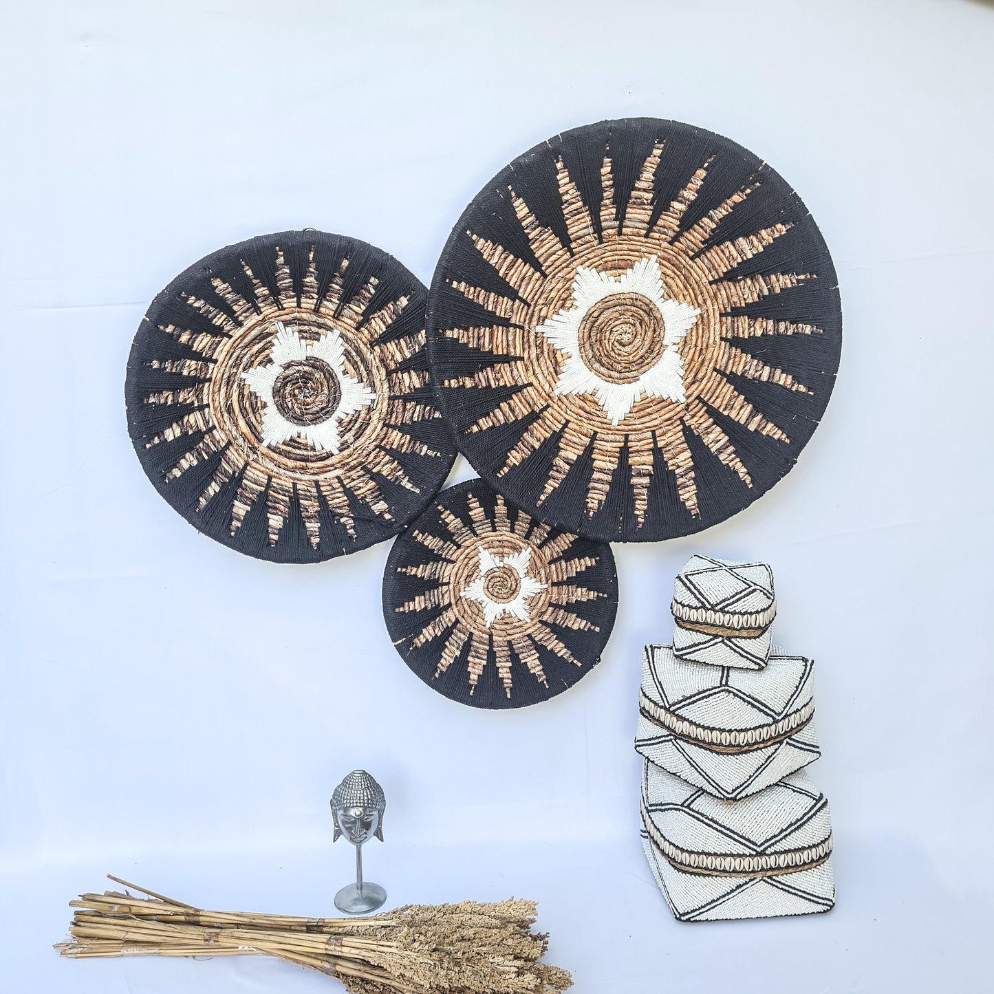 Wall decor basket Set 30 40 50cm banana tree leaf + macrame | wall decoration plates installation hangings boho wicker organic eco decor