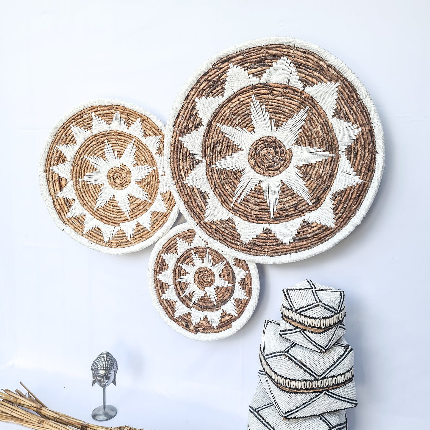Wall decor basket Set 30 40 50cm banana tree leaf + macrame | wall decoration plates installation hangings boho wicker organic eco decor