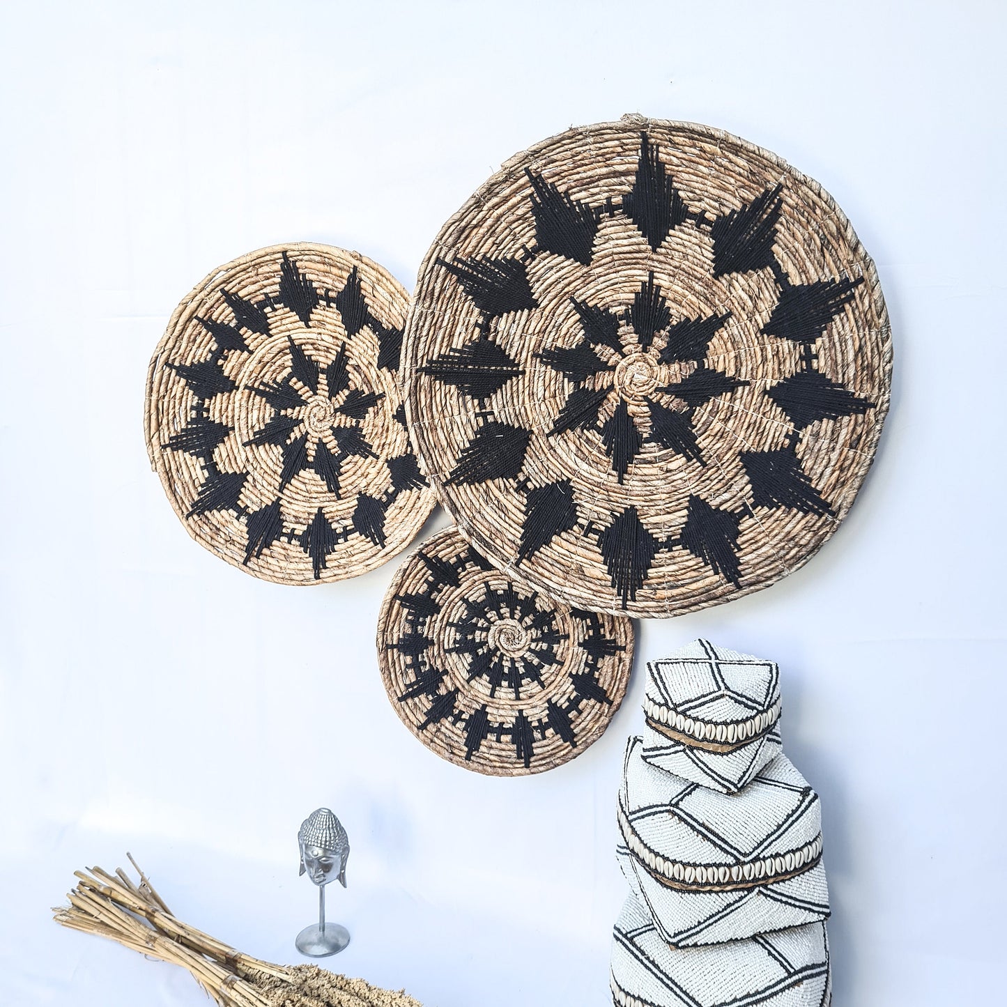 Wall decor plates Set 30 40 50cm banana tree leaf + macrame | wall basket decoration installation hangings boho wicker organic eco decor